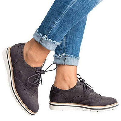 Womens Retro Brogues Flat Lace Up Oxfords Ladies Work Casual Saddle Shoes Size