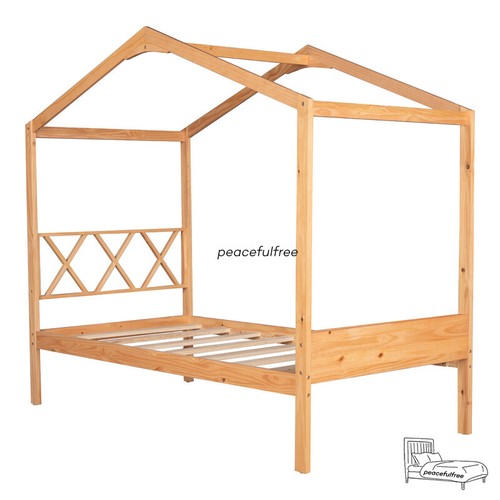 Canopy Bed Frame Twin Size House Bed Wooden With Roof Footboard Storage Bedroom
