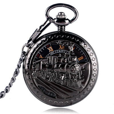 Black/Red Copper Train Mechanical Pocket Watch Wind Up Steampunk Pendant Chain