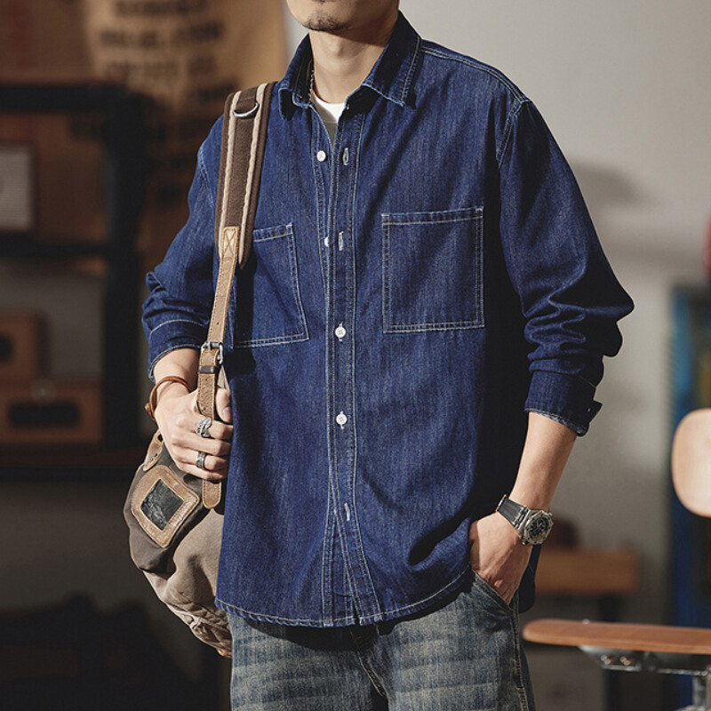Men Casual Work Denim Shirt Long Sleeve Button Down Shirts