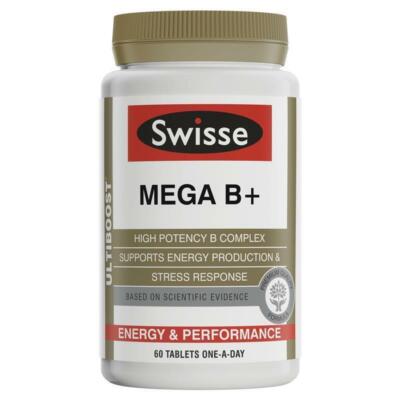 SWISSE MEGA B+ 60 TABLETS ENERGY AND PERFORMANCE HIGH POTENCY B COMPLEX PLUS