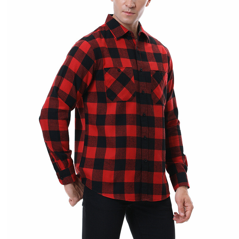Men's Plaid Shirt Flannel Brushed Thermal Shirt Leisure Botton Shirt Size S-XXL