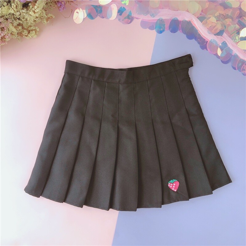 Lady Girls Mini Pleated Skirt Sweet Strawberry Embroidery Mini High Waist A Line