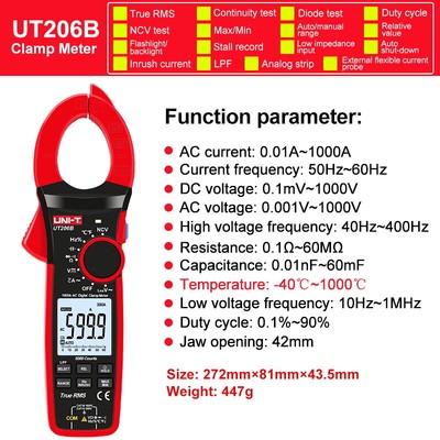 UNI-T UT206B UT207B UT208B True RMS Digital Clamp Meter AC DC Current 1000A #