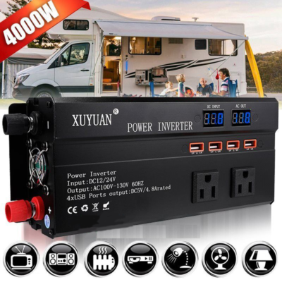 US 4000W Power Inverter Pure Sine Wave 12V 24V DC to 110V AC for RV/Solar Panel