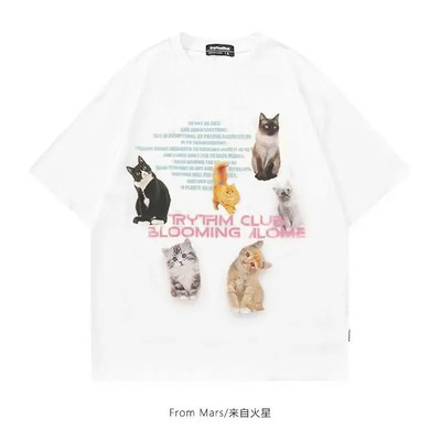 American Style Retro Cute Crooked Cat Print T-shirt for Men and Women Summer