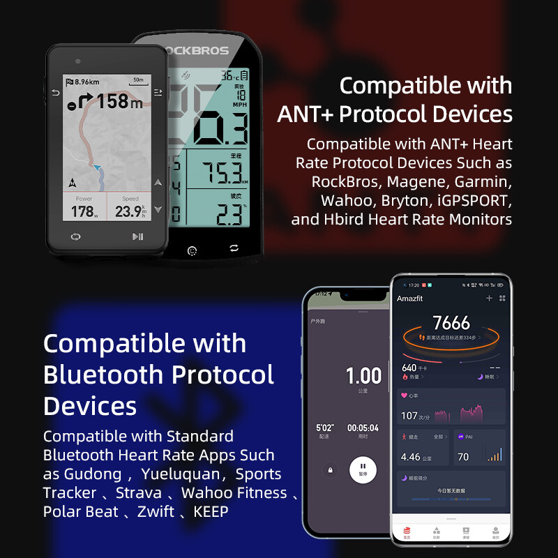 ROCKBROS Bike Smart Speedometer Wireless Computer GPS ANT+ Heart Rate Monitor