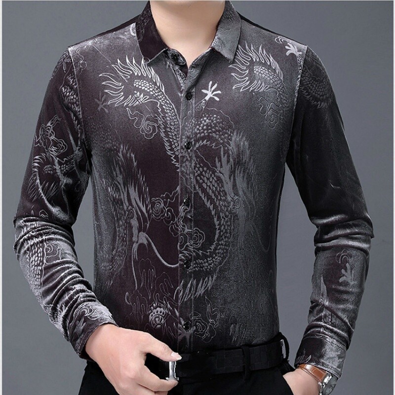 Velvet Men Retro Blouse Tops Shirts Ethnic Chinese Dragon Warm Long Sleeve Grey