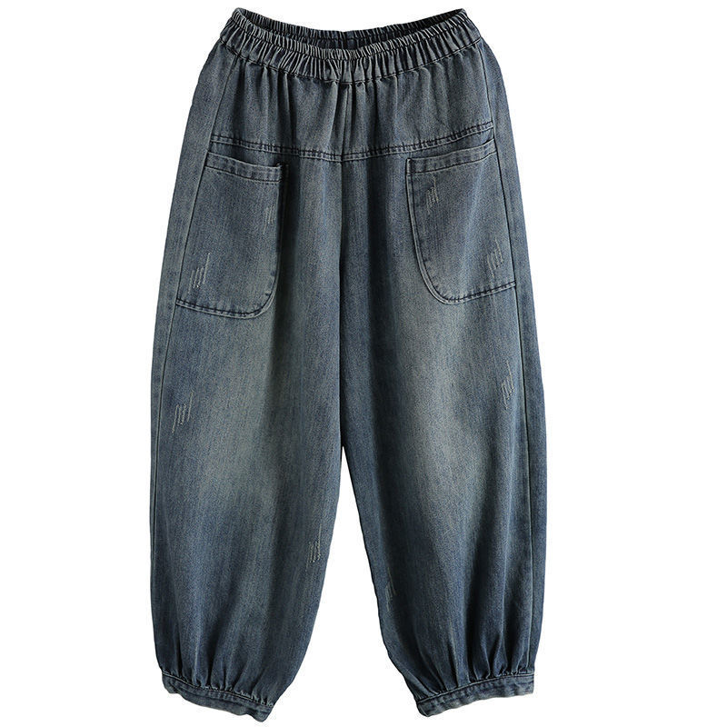 Femme Jean Pantalon Bouffant Haut Taille Élastique Desseré Décontracté Vintage