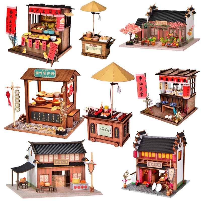 DIY Wooden Dollhouse Miniature BBQ Breakfast Shop Kit w/ Furniture & Light Gift