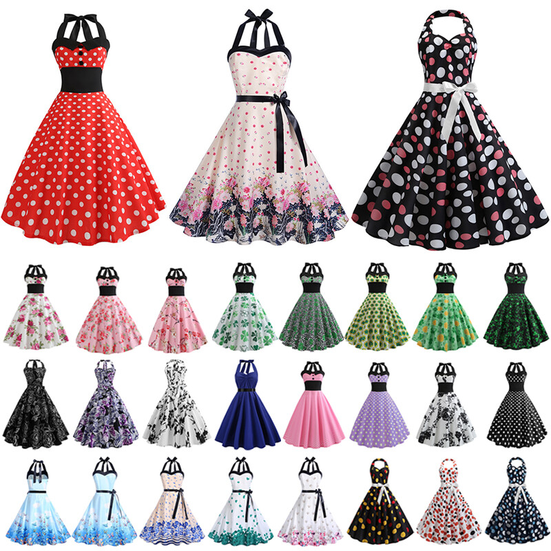 Damen Retro Neckholder Partykleid 50er Jahre Rockabilly Petticoat Skaterkleid DE