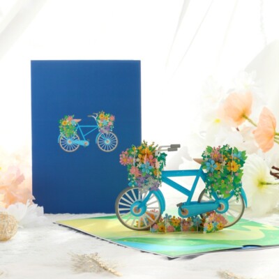 T11-3D Pop-Up Greeting Card with Bicycle&Flower Design Perfect for Any Occasions