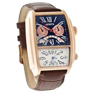 geneva mens dual time day/date rose gold brown