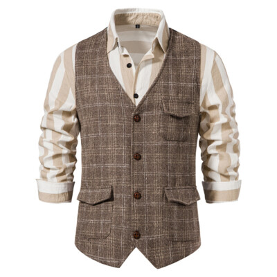 Männer V-Ausschnitt Weste Gentleman Vintage Anzug Herringbone Tweed Revers Weste