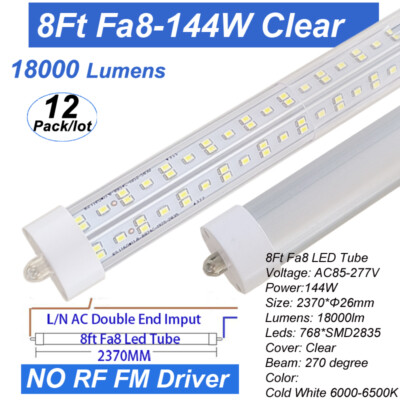 8FT Led Tube Light Bulbs 72W 144W T8 FA8 Single Pin Led Shop Lights 6500K NO RF 