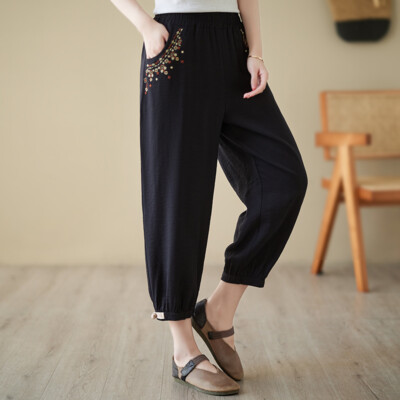 Ladies Casual Harem Ankle Pants Floral Embroidery Elastic Waist Hanfu Trousers