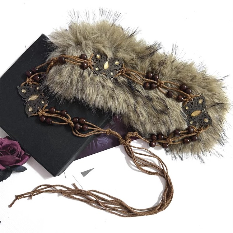 Lady Retro Ethnic Waist Belt Faux Fur Decor Waist Chain Woven Belt Accessory New