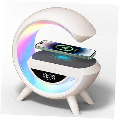 Alarm Clock with Wireless Charging Station, Bluetooth Speaker with Milk White