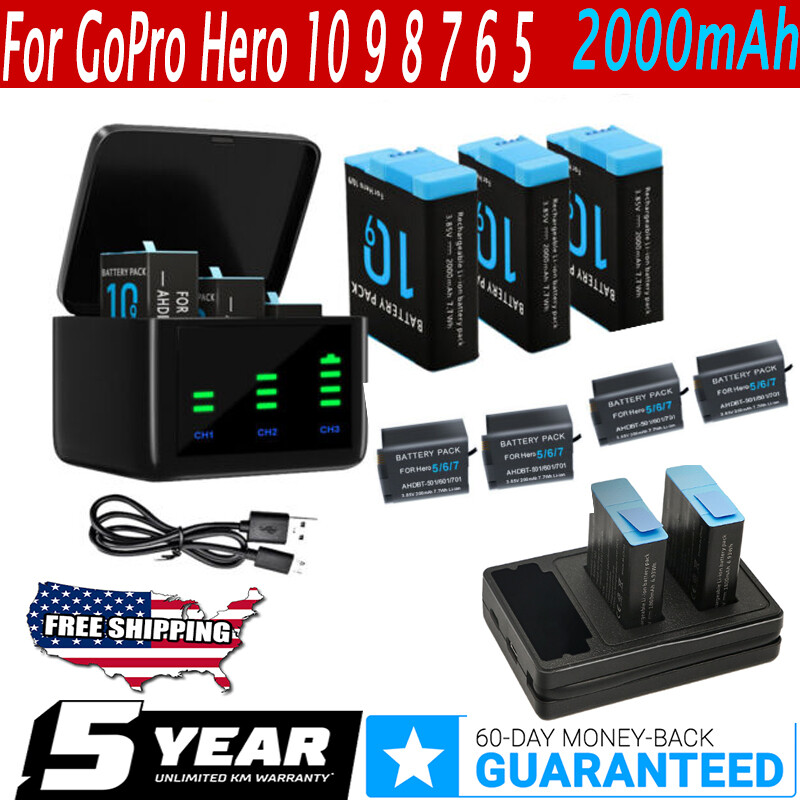 2000mAh Battery & 2/3-Channel Charger For GoPro Hero 10 9 GoPro 8 7 6 5 Black