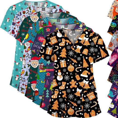 NiaaHinn Festival-Print Women Men Scrub Top Medical Nurse V-Neck Halloween Xmas