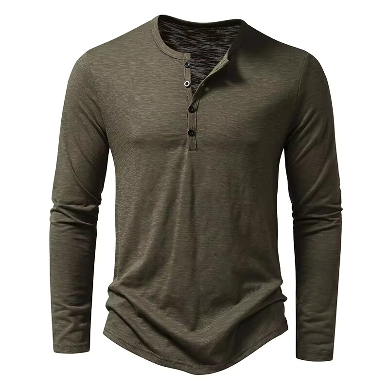 Men's Shirt Cotton Henley Neck T-Shirts Long Sleeve Casual Button Plain 25% OFF