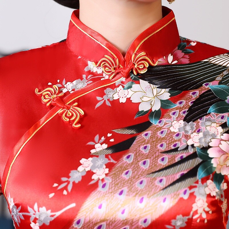 Chinesisch Traditionell Cheongsam Fleck Kleid Mid-Sleeve Qipao Ball Lang