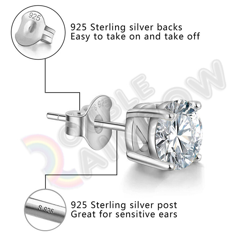925 Sterling Silver Stud Earrings Men Women 3,4,5,6,7,8,10mm CZ Round#213