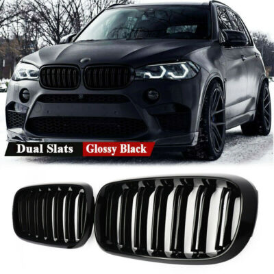 Front Kidney Grilles Grills For 14~18 BMW X5 X6 F15 F16 Glossy Black Dual Slats