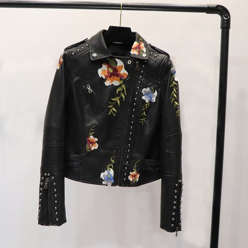 LY VAREY LIN Spring Women Floral Print Embroidery Faux Leather Jacket Turn-Down