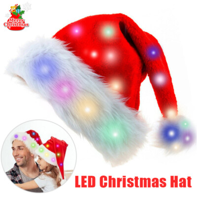 Christmas Hat with LED Lights Funny Santa Hat Plush Faux For Xmas Holiday Hat