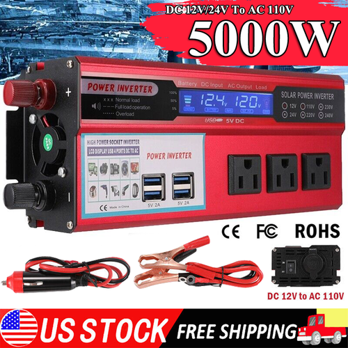 5000W Car Power Inverter DC 12V 24V To AC 110V for Solar Panel Home RV Camping