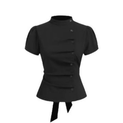 Shortsleeved Black Shirt Women Vintage Contrasting Plaid Stand Collar