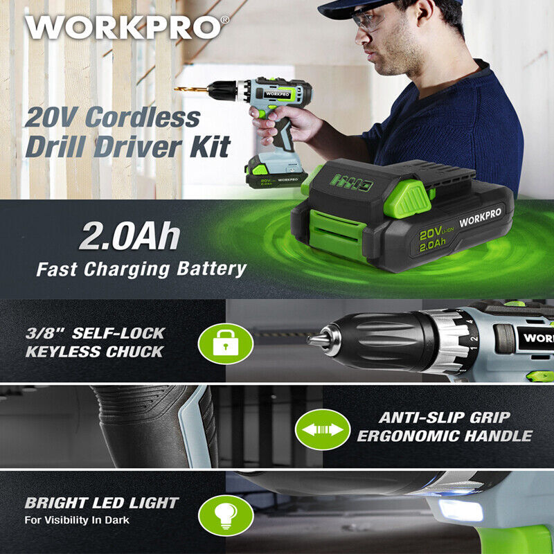 WORKPRO 20V Cordless Drill/Driver Kit 3/8" 18+2 Torque Setting Variable Speed US
