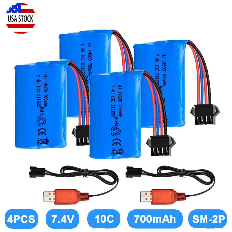 4pcs 7.4V 700Mah Li-ion Battery Pack SM-4P Plug USB Charger for UDI902 RC Boat