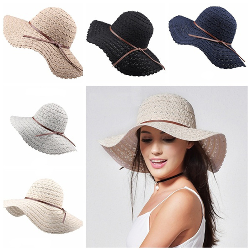 Floppy Foldable Ladies Women Straw Beach Sun Summer Hat Beige Wide Brim Sun Cap