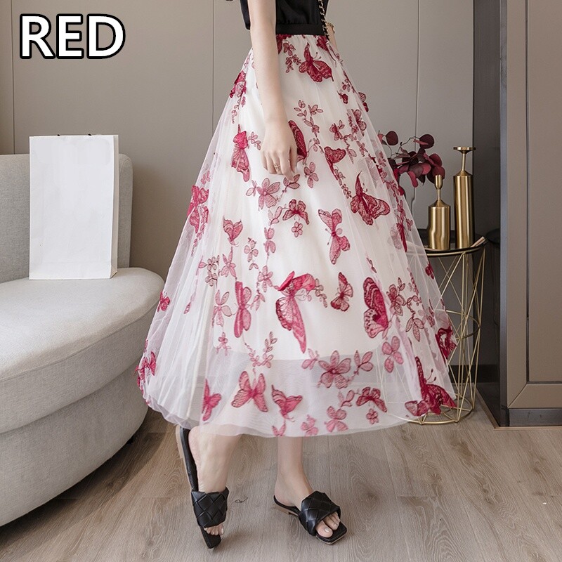Women Mesh Skirt Tulle Embroidered Lace Butterfly Midi Dress A-line Ruffle Loose