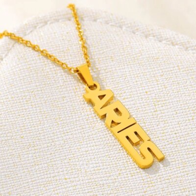 Stainless Steel Gold Plated Vertical Zodiac, Horoscope, Pendant Necklace