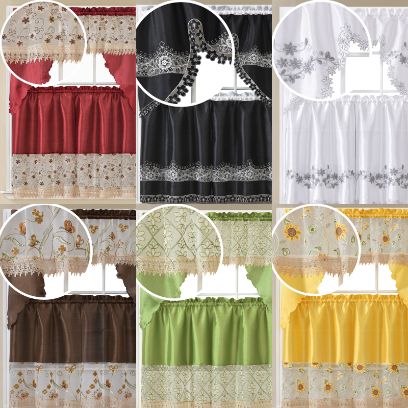 3PC SET WINDOW EMBROIDERY KITCHEN CURTAIN SOLID DRAPE VALANCE TIER NEW DESIGNS