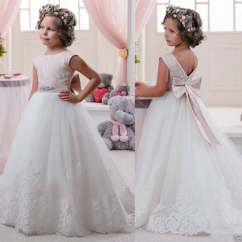 New WHITE Flower Girl Dress Communion Confirmation Junior Wedding LACE TULLE