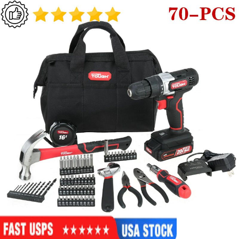 20V 3/8 in Cordless Drill 70-Pcs Home Tool Set 1.5Ah Lithium-Ion Battery、Charger