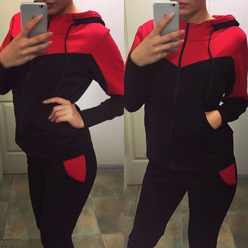 Womens 2Pcs Tracksuit Hooded Sweatshirts Pants Set Jogger Sport Gym Sweat Suit