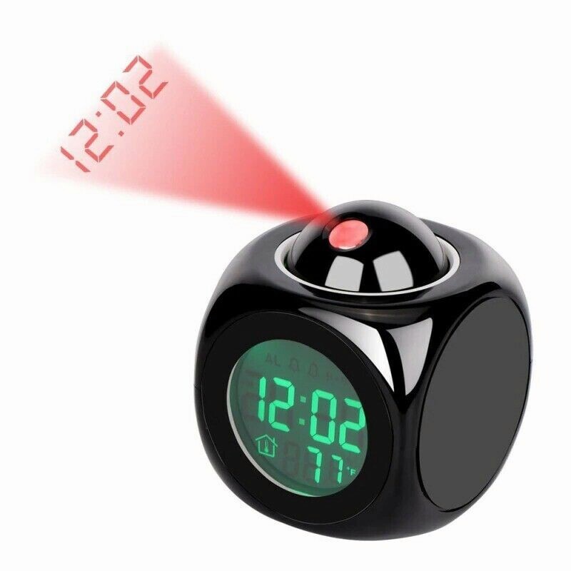 Mini Digital Alarm Clock With LCD Display Voice Talking LED Projector Black