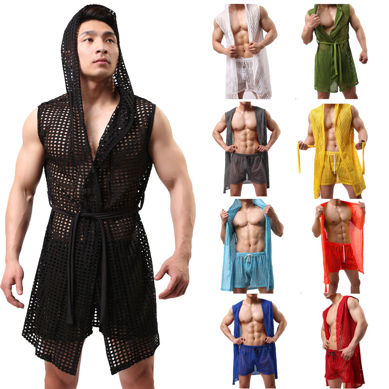 Men Sexy See-through Mesh Gown Hooded Bathrobe Kimono Loungewear Nightwear