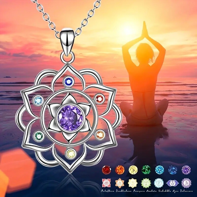 7-Colour Chakra Flower Necklace * 18ct White Gold Finish * 50cm / 19.7inch chain
