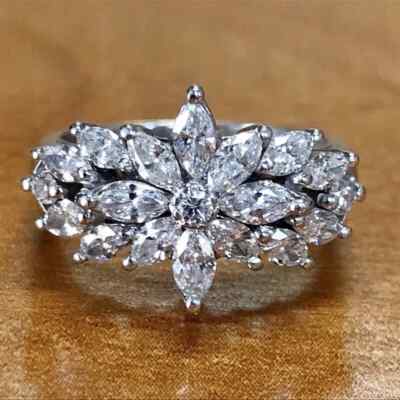 925 Sterling Silver Cluster Wedding Engagement Ring Simulated Diamond 2 Ct Ring