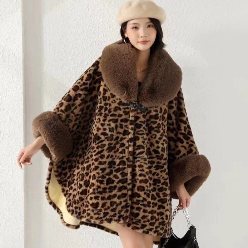 Ladies Midi Faux Rabbit Fur Collar Cape Shawl Loose Batwing Sleeve Cardigan Coat