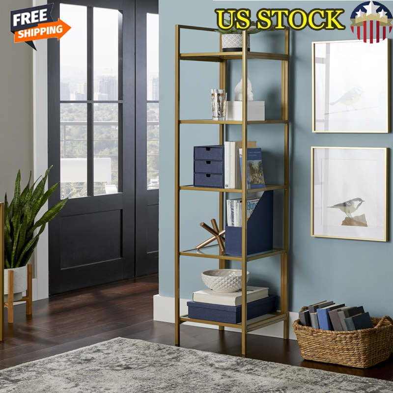 Home Narrow Storage Bookcase W/ 5 Tempered Glass Shelves Plants Photos Display