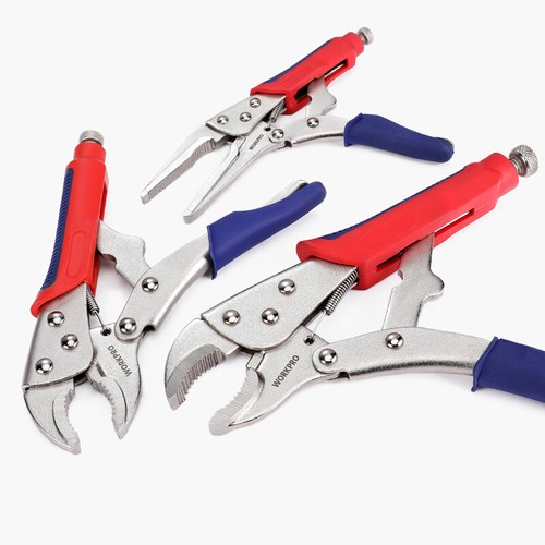 WORKPRO Locking Pliers Set 3PCS 6-1/2" Straight Jaw 7" Curved Jaw 10" Curved Jaw