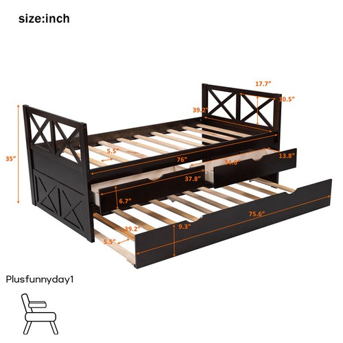 Twin Bed Frame Daybed Wood Frame w/2 Drawers Storage Trundle Headboard Bedroom