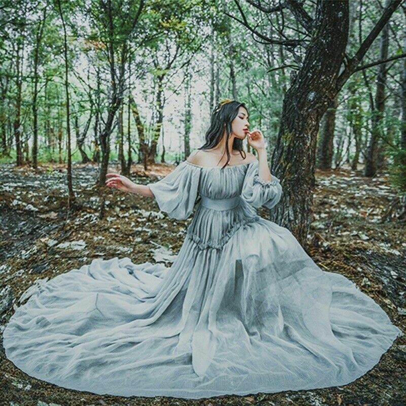 Damen Chiffon Schulterfrei Prinzessin Maxi Kleid Rüschenärmel Lolita Ballkleid